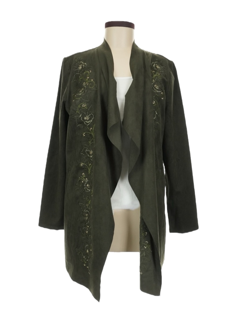 Chico’s Embroidered Faux Suede Drape Jacket Olive NWT Size 1 Medium